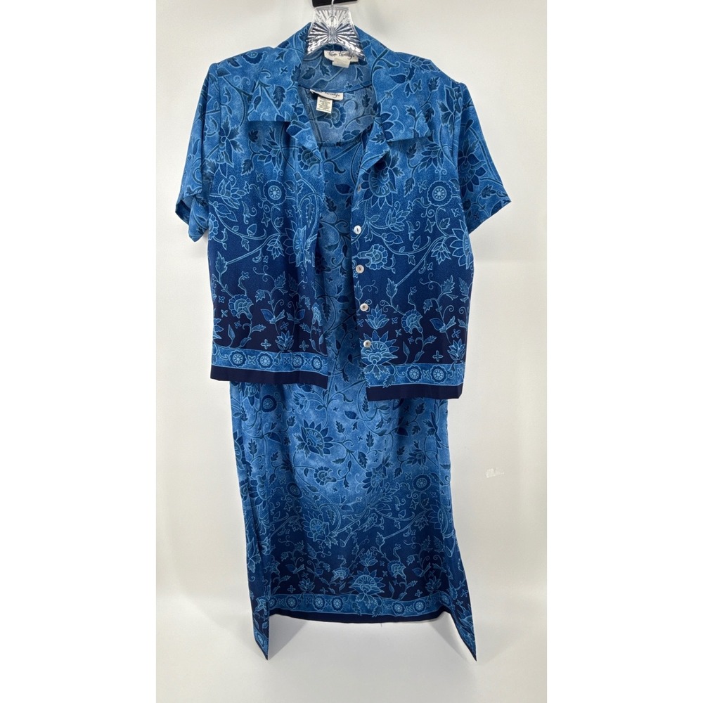 Two Twenty Blue Floral Batik Print 2 Piece Dress and Shirt Set Petite Medium 90s